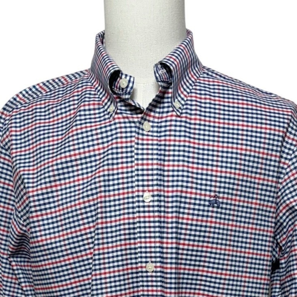 Brooks Brothers Shirt Men Large Red White Blue Plaid Regular Stretch Long Sleeve